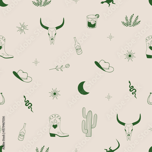 Wild west, western seamless pattern. Cowboy boot, hat, bull animal skull, snakes, cactus, beer, whiskey. Hand drawn vector illustration