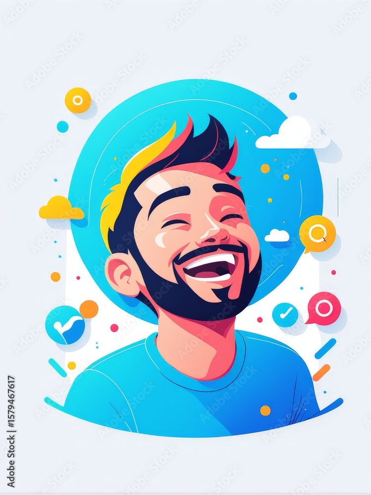 Naklejka premium happy smiling young guy with beard and mustache in headphones listening music on a yellow background. vector illustration.