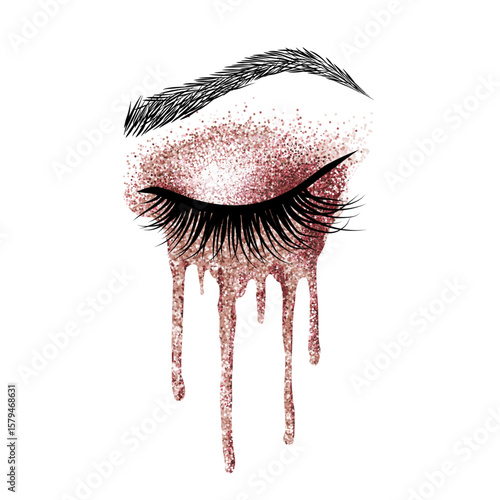 Closed female eye with long eyelashes covered with bright glitter on transparent background