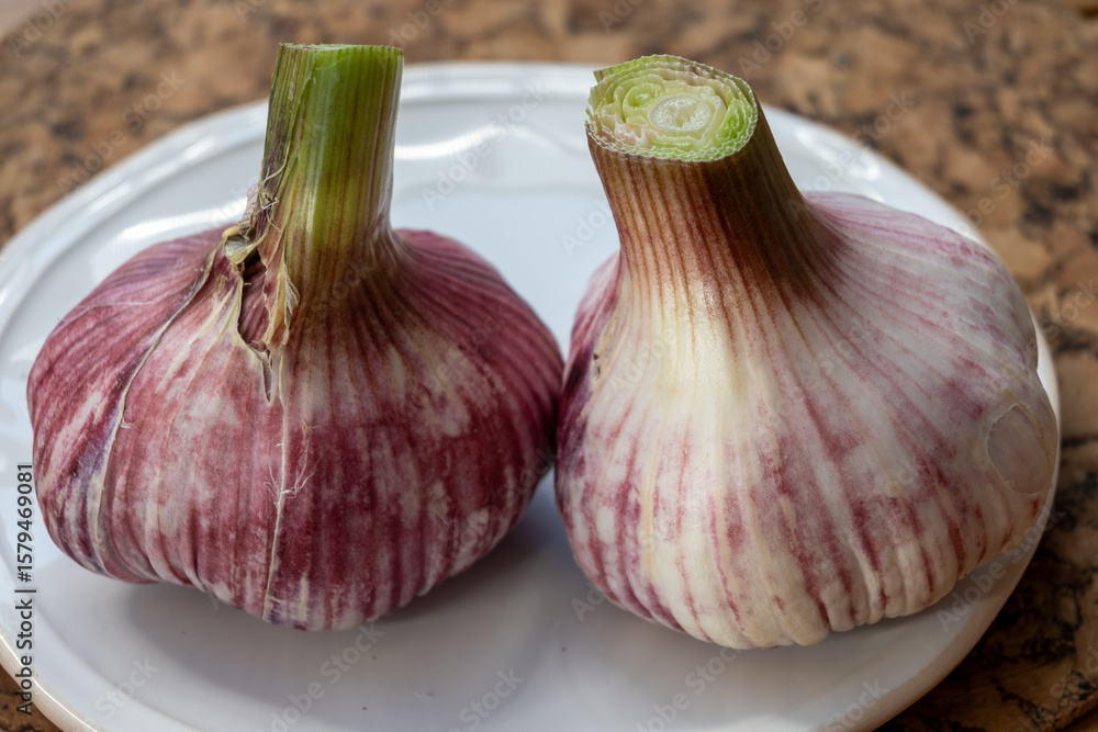 Obraz premium Fresh young heads of purple or violet French garlic