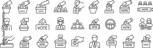 Voting icons, election ballot box vector set, democratic vote, civic election, poll station, political campaign, voting hand, candidate.