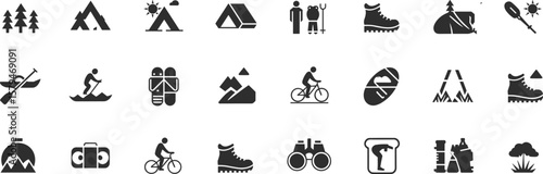 Camping icons, outdoor adventure symbols, hiking illustration, trekking vector, camping gear icon, nature trip, kayaking graphic, mountain biking, forest travel, tent icon