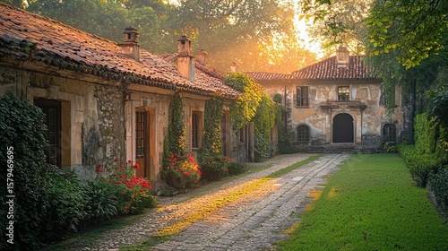 Wallpaper Mural Picturesque sunlit courtyard.  Aged stone buildings, lush foliage, and a paved path create a tranquil scene Torontodigital.ca