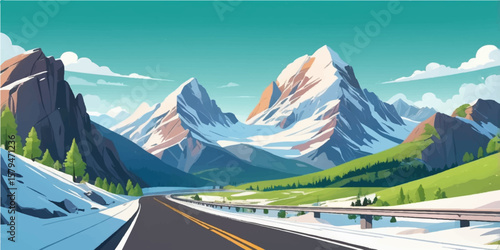 An alpine highway winds through a stunning mountain landscape under a vast sky, a perfect trip through nature's peaks