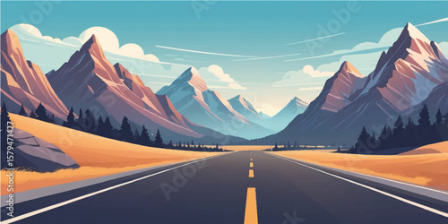 Scenic asphalt highway winds through a snowy mountain landscape, a journey to the peaks under a vast sky