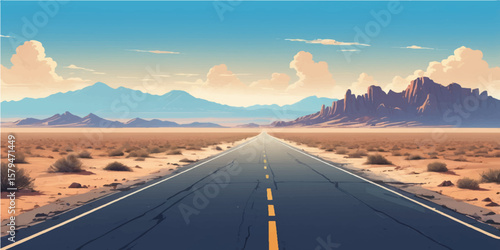 Empty asphalt highway winds through a dry desert valley towards the distant California mountains at sunset, a solitary journey on the horizon