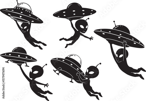 Aliens Flying Holding UFO Plane Cartoon silhouette