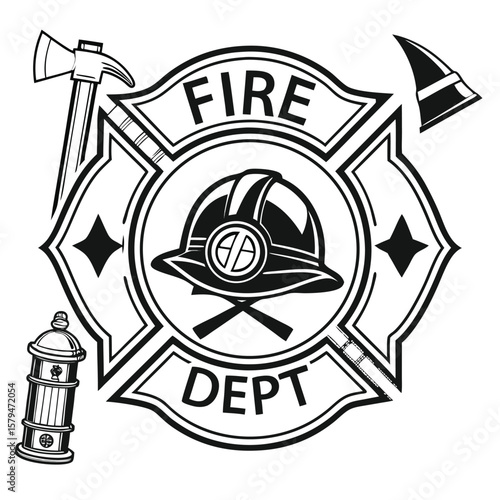 Black and White Fire Department Emblem with Helmet Axe and Hydrant