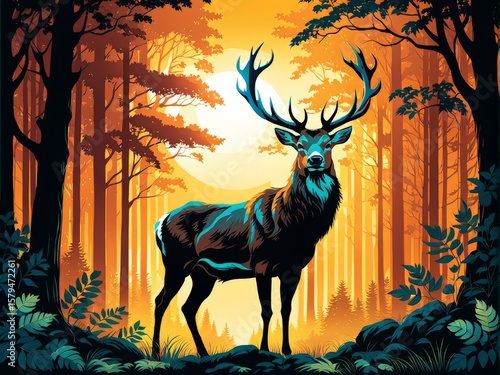 deer with big horns in nature forest, vector illustration