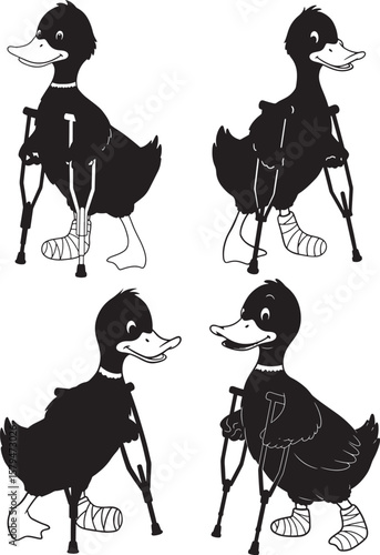 Injured Duck Using Crutches Cartoon Character silhouette