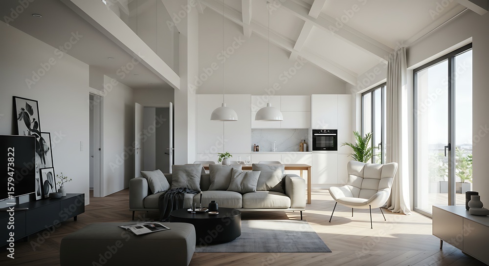 Fototapeta premium Modern, bright interior with a living area, kitchen, and large windows, showcasing a contemporary design.