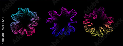 Set of multicolored abstract sound dots wave oscillations. Sound curve. Digital equalizer. Colorful neon template for music poster and banner. Vector radial spectrum.