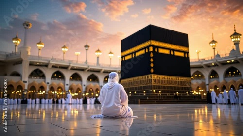At sunset, worshippers gather near the Kaaba in Mecca, engaged in deep reflection and prayer. The atmosphere radiates spirituality and serenity as the day ends