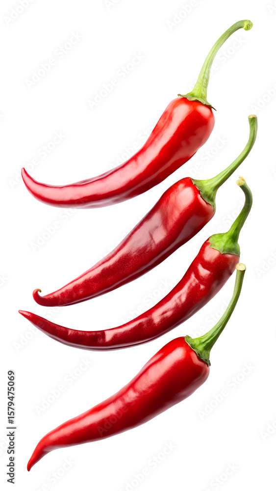Fresh red chili peppers isolated on transparent white background, clipping path Fresh red chili peppers isolated on transparent white background, clipping path