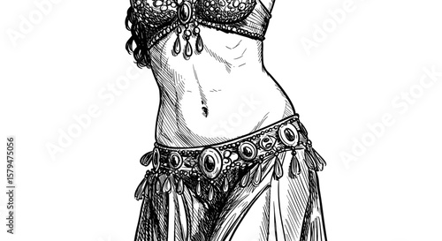 Belly of Arabian woman dancing belly dance close-up engraving hand-drawn sketch black and white vector illustration SVG 