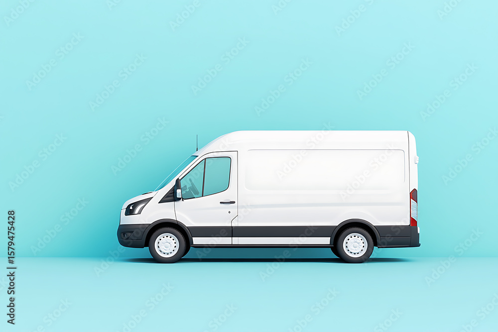 Fototapeta premium A white delivery van in a studio setting, positioned against a plain, light blue background offering a clean, minimalist aesthetic and copy space.