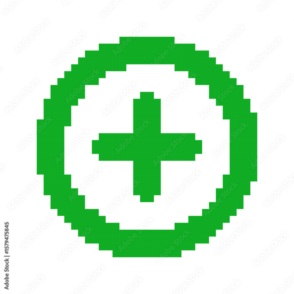 Obraz premium Plus templates in pixel art style. Green solid addition symbol. Add, increase, labels. Isolated on white background.