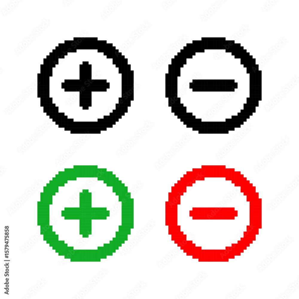 Obraz premium Set of Plus and Minus templates in pixel art style. Black outline, green, and red operation symbols. Add, subtract, zoom, labels. Isolated on white background.