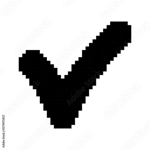 Checkmark templates in pixel art style. Black solid confirmation symbol. Tick, success, labels. Isolated on white background.