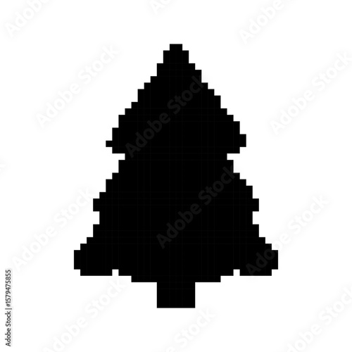 Christmas Tree templates in pixel art style. Black solid holiday silhouettes. Fir, festive, labels. Isolated on white background.