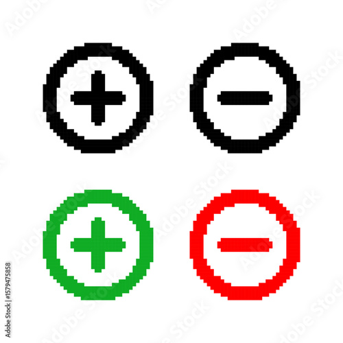 Set of Plus and Minus templates in pixel art style. Black outline, green, and red operation symbols. Add, subtract, zoom, labels. Isolated on white background.