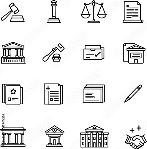 Black-and-White Vector Illustration of Legal Icon Grid – 16-Item Judiciary & Civic Symbol Set