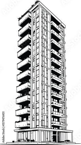 Black-and-White Vector Illustration of Modern High-Rise Building – 1-Item Architectural Silhouette