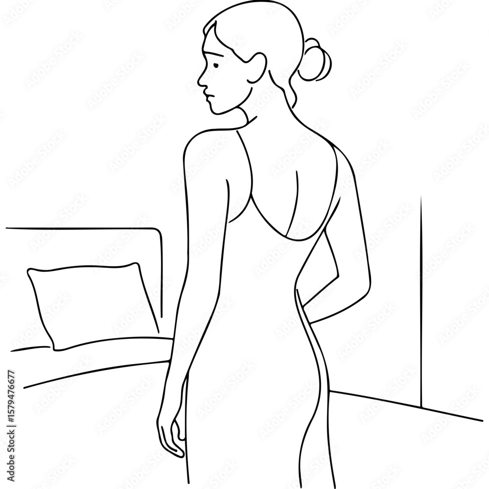 Fototapeta premium Woman turning back while standing in bedroom in casual attire 