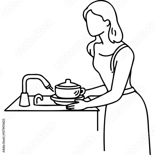 Woman rinsing dishes in sink with apron in minimalist kitchen  