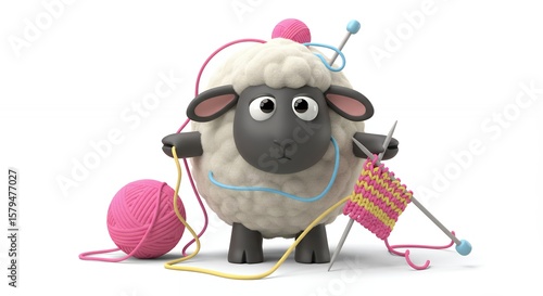 Cartoon sheep knitting with colorful yarn