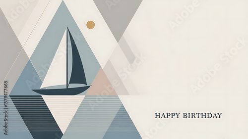 Geometric Sailboat Birthday Card Design with Muted Colors Minimalist Style and Clean Lines Ideal for Nautical Themed Celebration