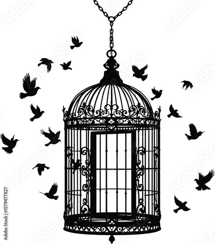 Black-and-White Vector Illustration of Ornate Birdcage with Flying Birds – 1-Scene Symbolic Silhouette