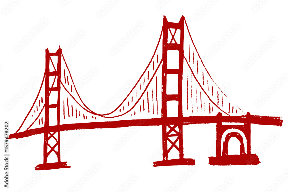Obraz premium Red hand-drawn sketch of the Golden Gate Bridge in San Francisco, isolated on white background, with a rough textured style