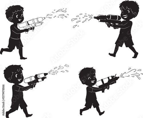 Boy Playing With Water Gun Cartoon silhouette