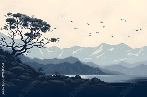A painting depicting a tree in the foreground with mountains rising in the background under a clear sky.