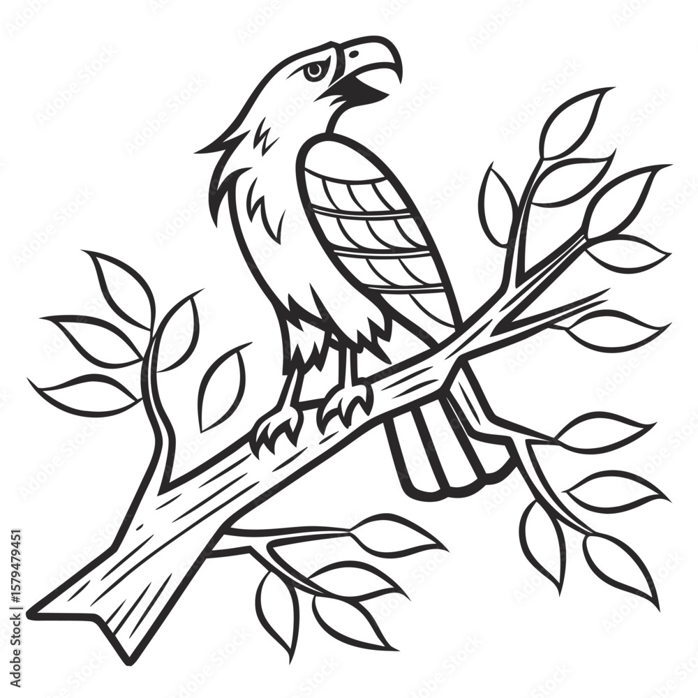 Fototapeta premium Black and white illustration of an eagle perched on a branch
