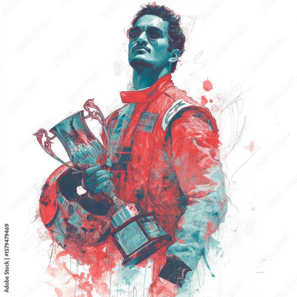 Fototapeta premium Champion racer celebrating victory with trophy in vibrant red and blue artistic style at a motorsport event in a vibrant atmosphere Generative AI
