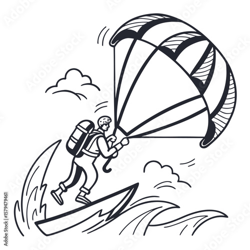 Man kitesurfing on a wave with a kite and backpack