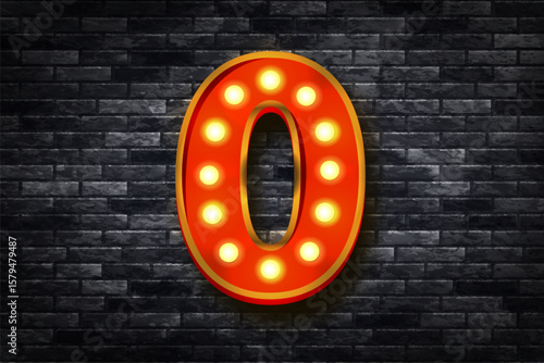 Vector realistic isolated marquee neon number 0 isolated on the wall background.