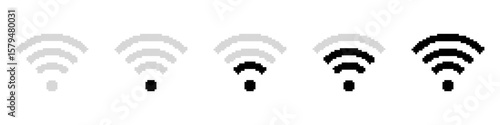 Set of Wi-Fi Signal templates in pixel art style. Black and gray connectivity indicators. Network strength, wireless, labels. Isolated on white background.