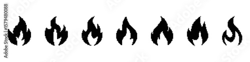 Set of Fire templates in pixel art style. Black flame silhouettes. Heat, burn, labels. Isolated on white background.
