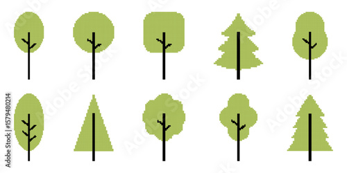 Set of Tree templates in pixel art style. Green arboreal silhouettes. Deciduous, foliage, labels. Isolated on white background