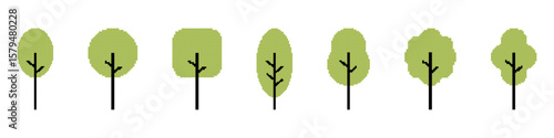 Set of Tree templates in pixel art style. Green arboreal silhouettes. Deciduous, foliage, labels. Isolated on white background