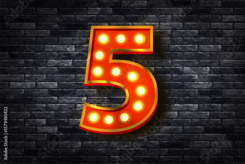 Vector realistic isolated marquee neon number 5 isolated on the wall background.
