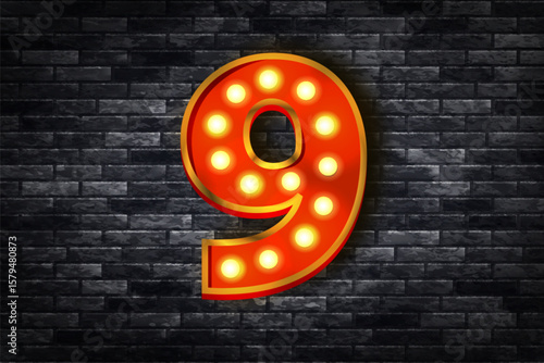 Vector realistic isolated marquee neon number 9 isolated on the wall background.