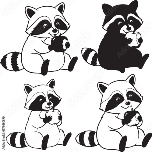 Raccoon Eating Red Apple Cartoon Character silhouette