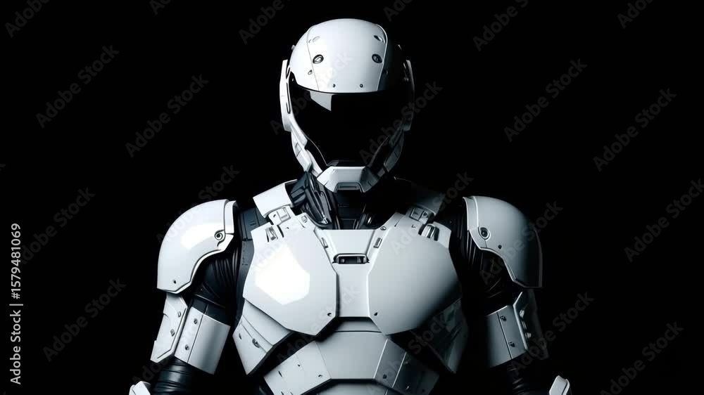 A highly detailed and futuristic robot dressed in sleek white armor stands against a dark background, emphasizing its advanced design and technology A highly detailed and futuristic robot dressed in sleek white armor stands against a dark background, emphasizing its advanced design and technology