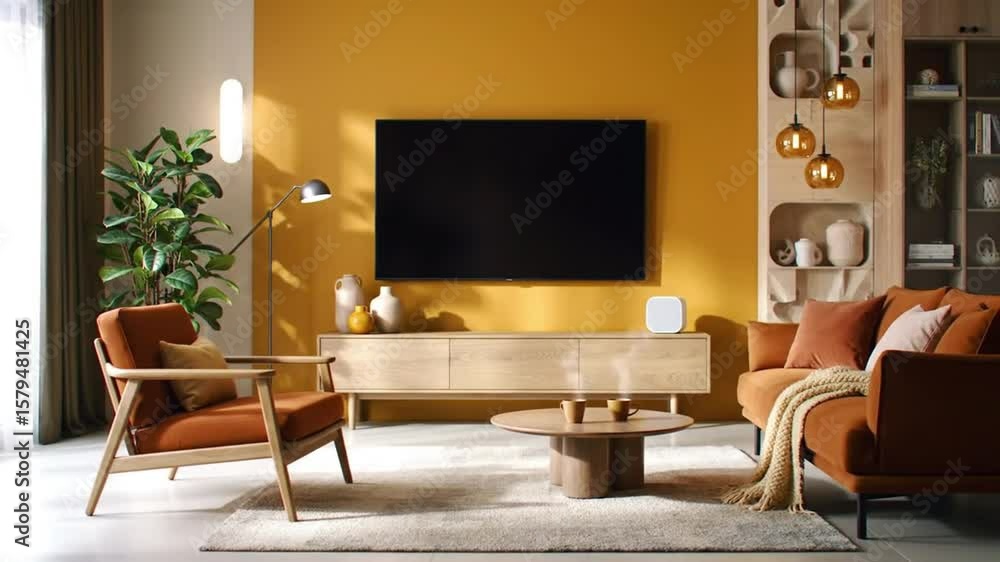 Interior view showcasing a living room with a tv, sofa, chair, table, and plants Interior view showcasing a living room with a tv, sofa, chair, table, and plants
