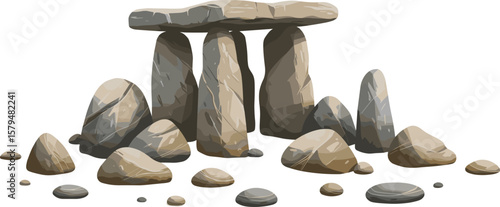 Dolmen stone structure cad drawing flat vector illustration, ancient megalith monument with vertical pillars and horizontal slab, front view layout