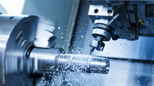 This clip illustrates a precision machining process at a manufacturing site. The tool shapes metal with spinning components, creating intricate designs. Sparks and shavings fly during operation